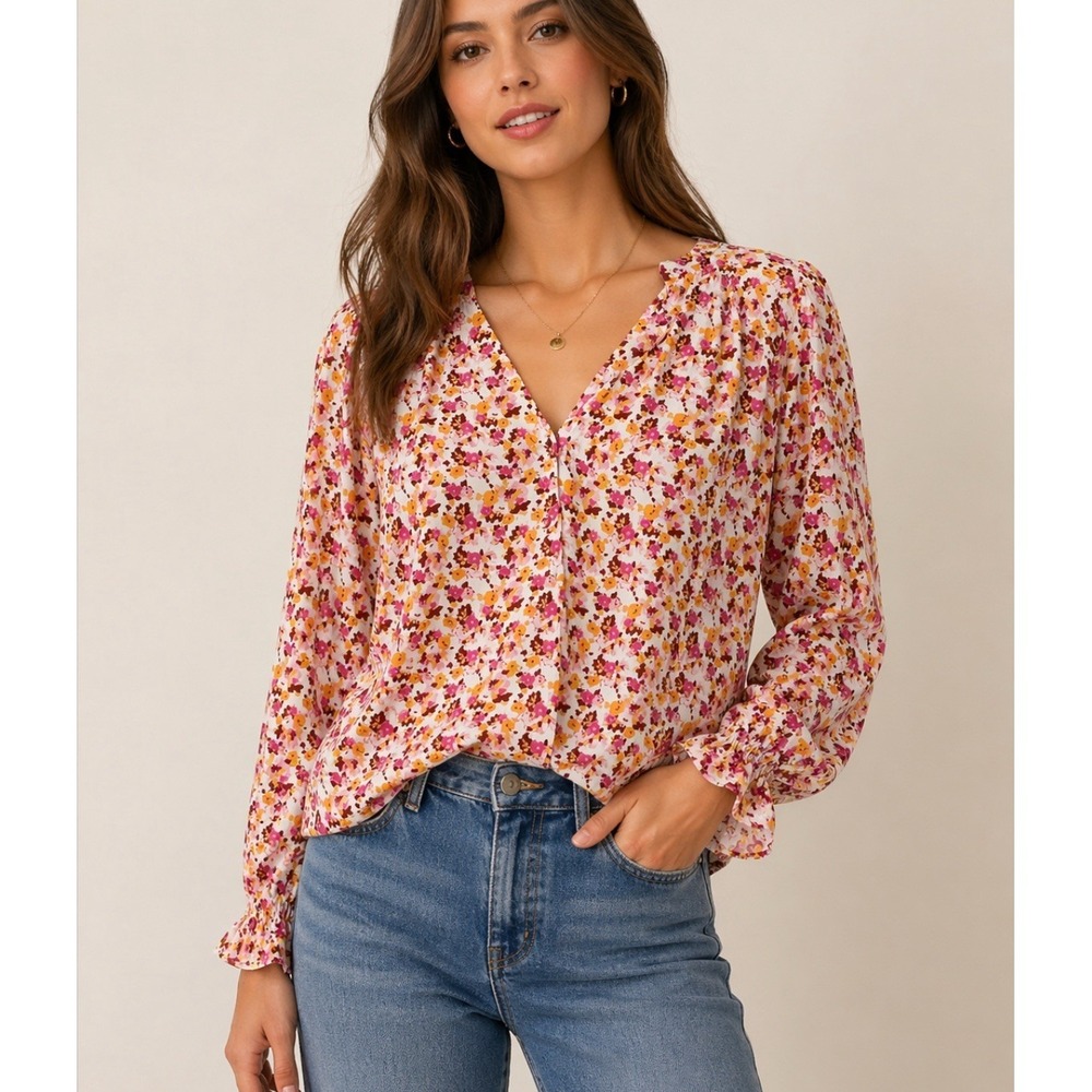 J. Crew XL Floral Top Button Front Chiffon Botanical Quiet Luxury Whimsy